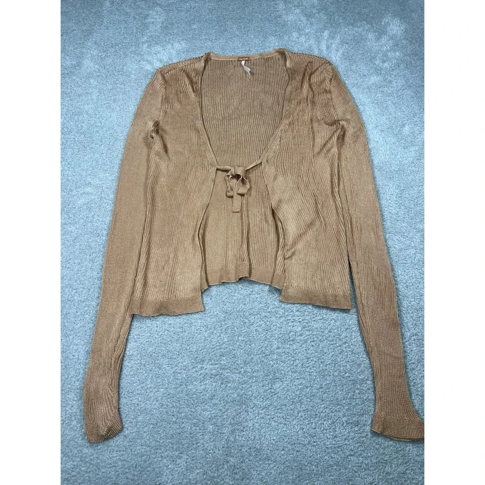 Free People Ribbed Tie Front Cardigan Tan Gold Metallic Knit Top XS